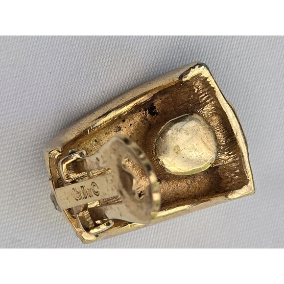 Vintage Gold tone CHRISTIAN DIOR Clip Earrings Clear Rhinestones Black Enamel - Picture 8 of 9